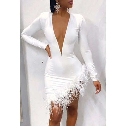 Women Winter Mini Dress 2025 O-Neck Mesh Feather Patchwork Sexy Night Club Party Bandage Street Bodycon Dresses