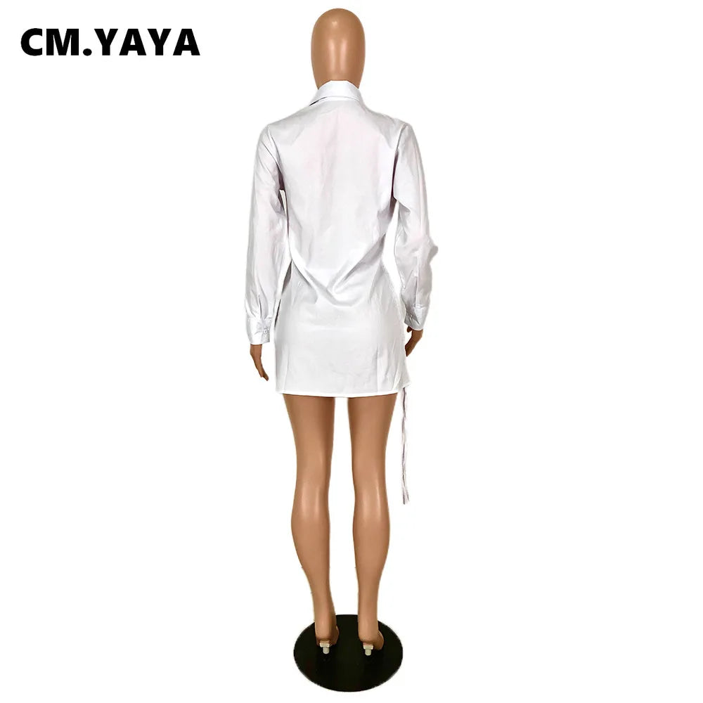 CM.YAYA Women Mini Dress Solid Shirring Stretchy Straight Dresses Office Lady Fashion Sexy Vestidos Single Breasted Clothes Fall