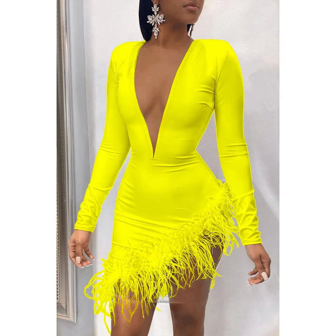 Women Winter Mini Dress 2025 O-Neck Mesh Feather Patchwork Sexy Night Club Party Bandage Street Bodycon Dresses