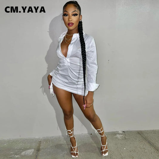 CM.YAYA Women Mini Dress Solid Shirring Stretchy Straight Dresses Office Lady Fashion Sexy Vestidos Single Breasted Clothes Fall