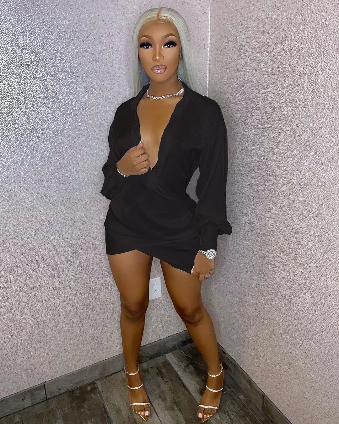 Solid Women Long Sleeve Deep V-neck Midi Mini Dress Sexy Blouses Style Ruched Above knee Dresses Outfits