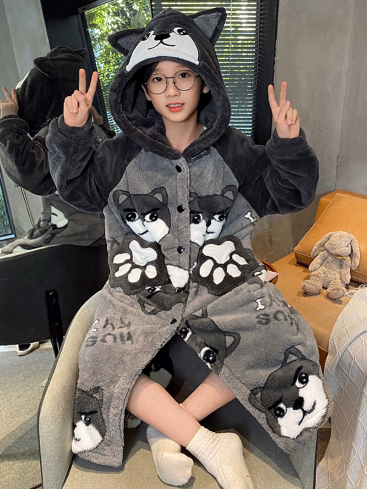 Boys Coral Velvet Night-Robe Autumn and Winter Thickened Heattech Children's Long Pajamas Boy Teen Bathrobe 2024 New Arrival