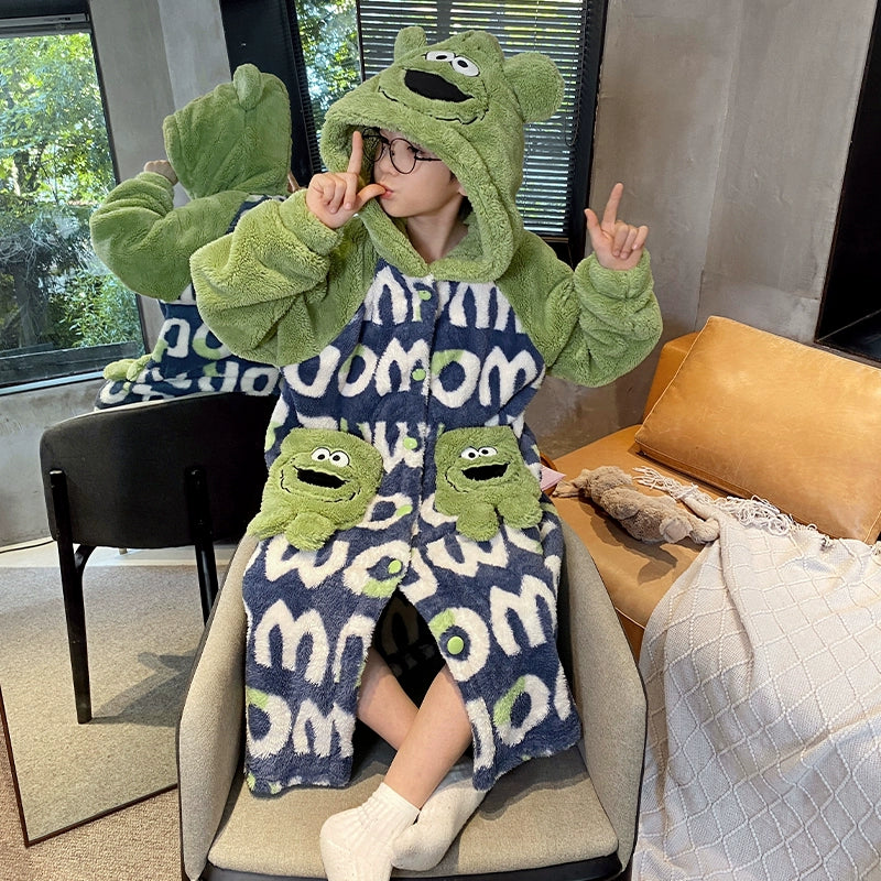 Boys Coral Velvet Night-Robe Autumn and Winter Thickened Heattech Children's Long Pajamas Boy Teen Bathrobe 2024 New Arrival