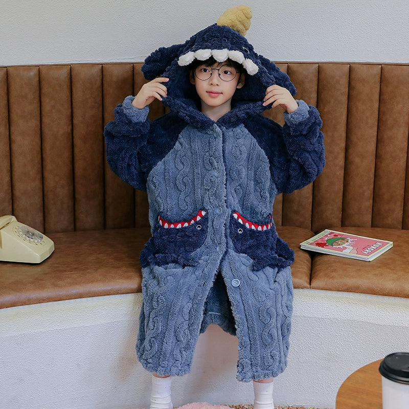 Boys Coral Velvet Night-Robe Autumn and Winter Thickened Heattech Children's Long Pajamas Boy Teen Bathrobe 2024 New Arrival