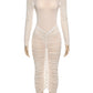InGrily See Through 2 Piece Set Women Coquette Bodysuit+Ruched Peach Buttocks Skirts Matching Sexy Midnight Party Clubwear