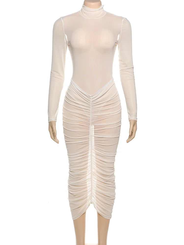 InGrily See Through 2 Piece Set Women Coquette Bodysuit+Ruched Peach Buttocks Skirts Matching Sexy Midnight Party Clubwear
