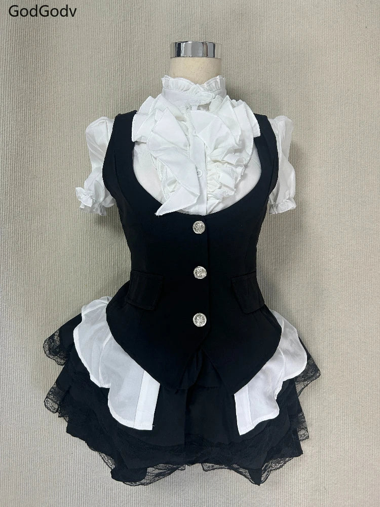 Summer Vintage Elegant Y2K Woman 2 Piece Sets Punk Gothic Strapless Crop Tops +High Waist Ruffle Skirt Female Party Outfits 2025