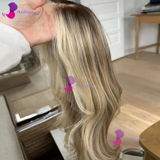 Ash Blonde #8/613 Human Hair Body Wave Glueless 180% Density Blonde Full Lace Wigs Bleached Knots 13x4 Lace Front Human Hair Wig