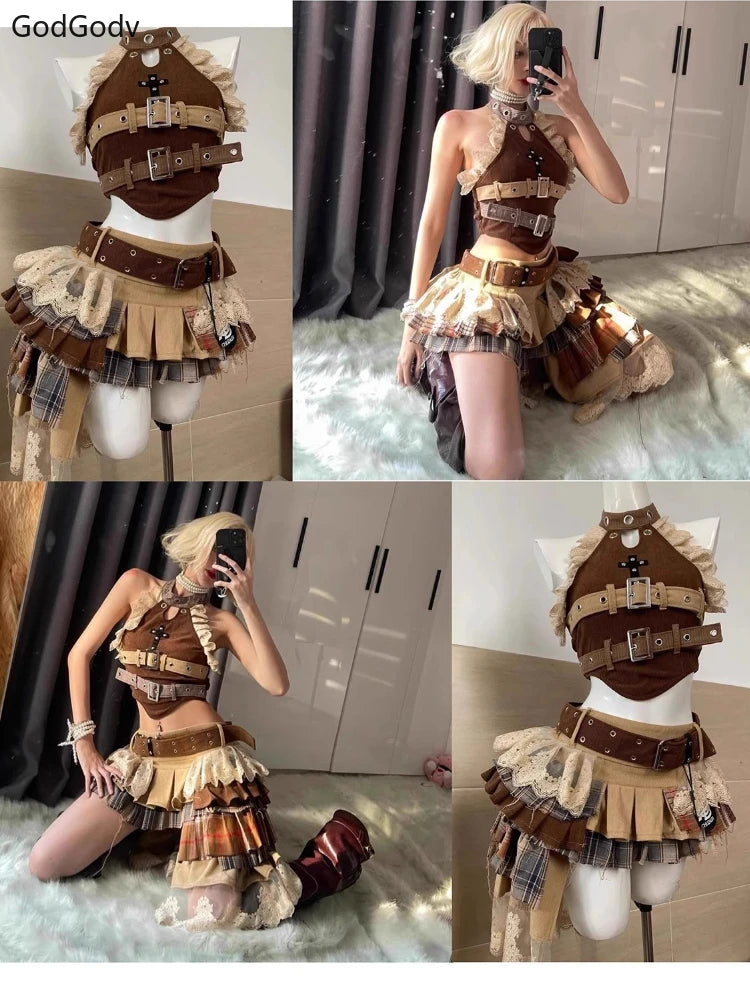 Summer Vintage Elegant Y2K Woman 2 Piece Sets Punk Gothic Strapless Crop Tops +High Waist Ruffle Skirt Female Party Outfits 2025
