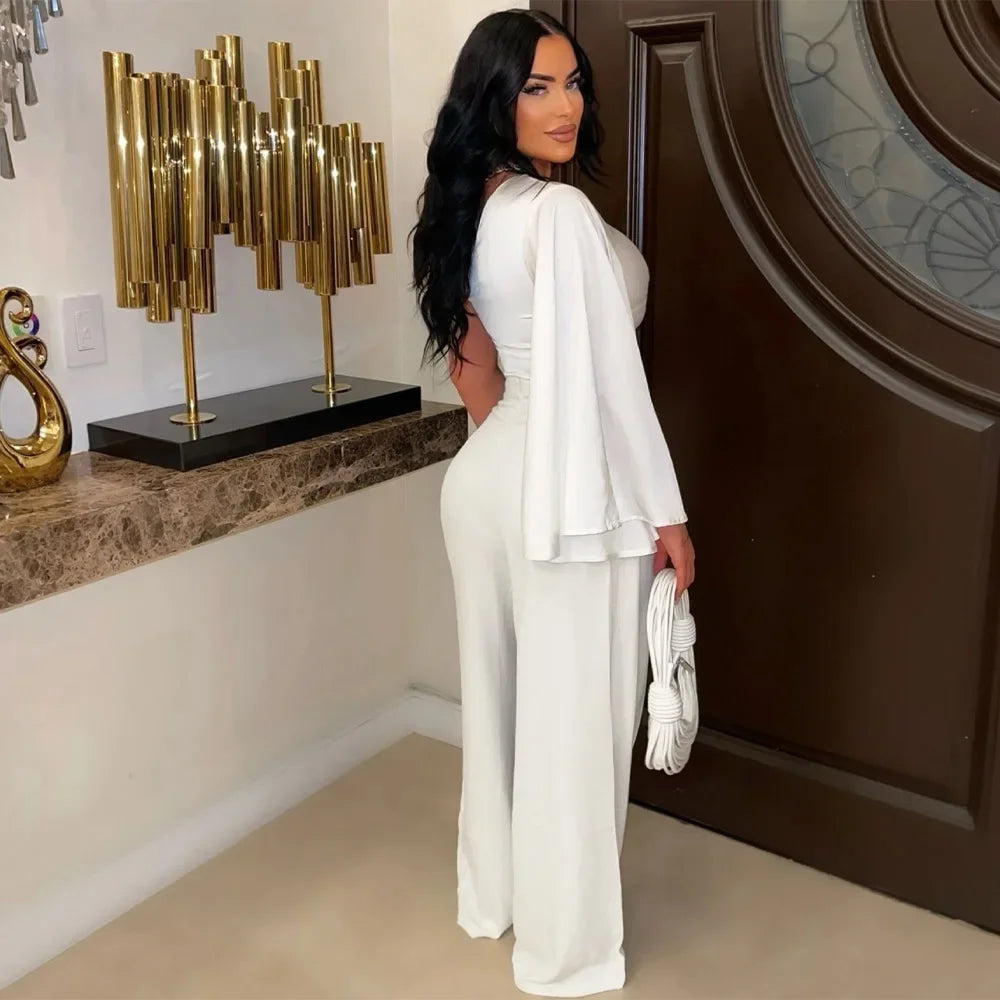 Women's Set Ruched One Shoulder Sleeve Crop Top and Wide Leg Pants Suits Street 2024 Two 2 Piece Set Outfit Tracksuit