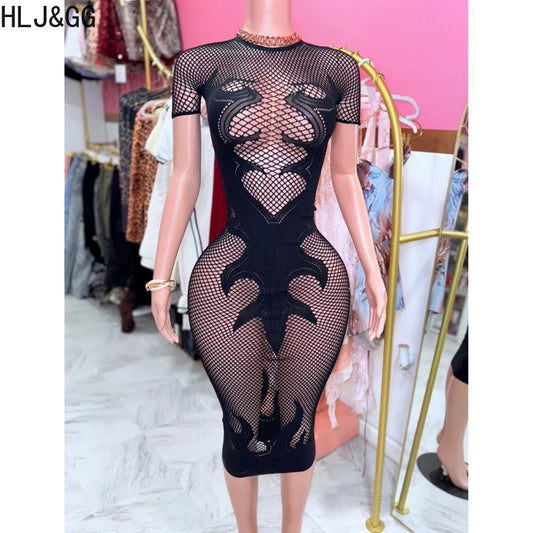 HLJ&GG Sexy Hollow Out Mesh See Though Bodycon Long Dress Women Round Neck Short Sleeve Slim Vestidos Fashion Y2K Clubwear 2025