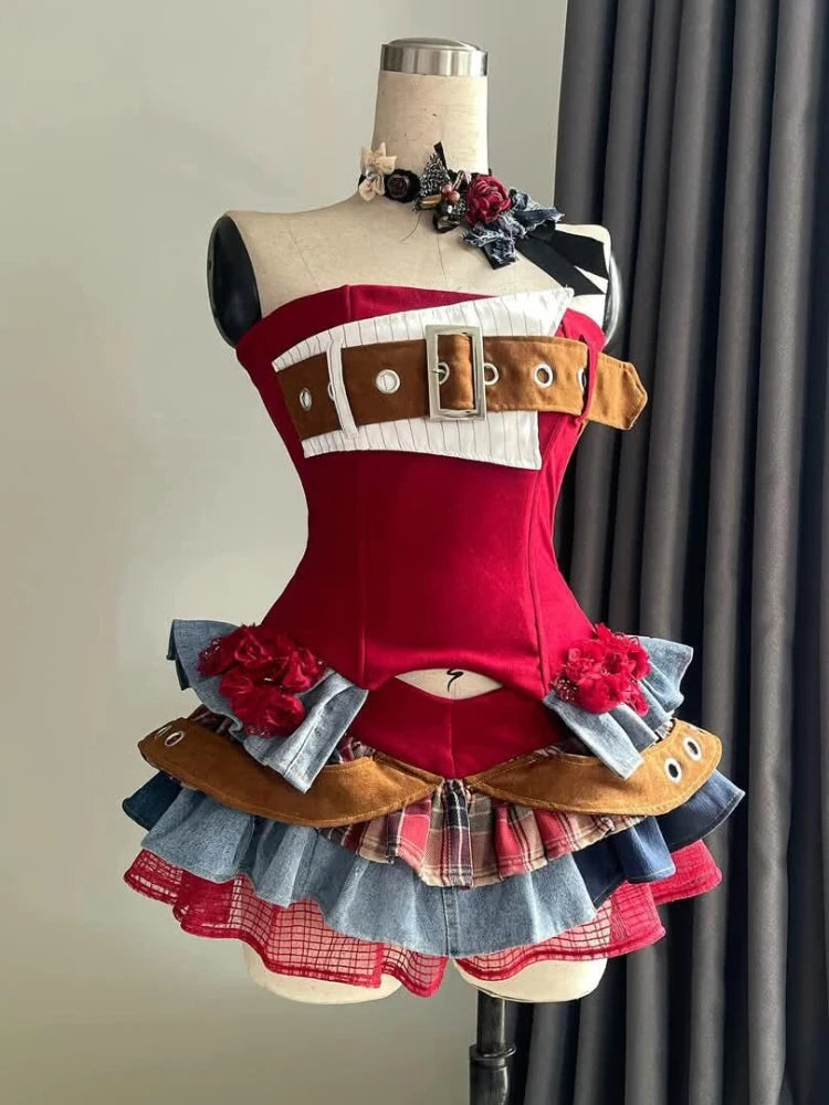 Summer Vintage Elegant Y2K Woman 2 Piece Sets Punk Gothic Strapless Crop Tops +High Waist Ruffle Skirt Female Party Outfits 2025