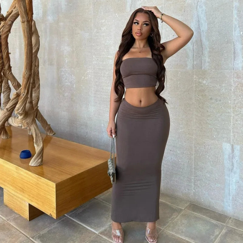 European and American foreign trade 2024 summer new style solid color sleeveless tube top high waist slim long skirt women's sui
