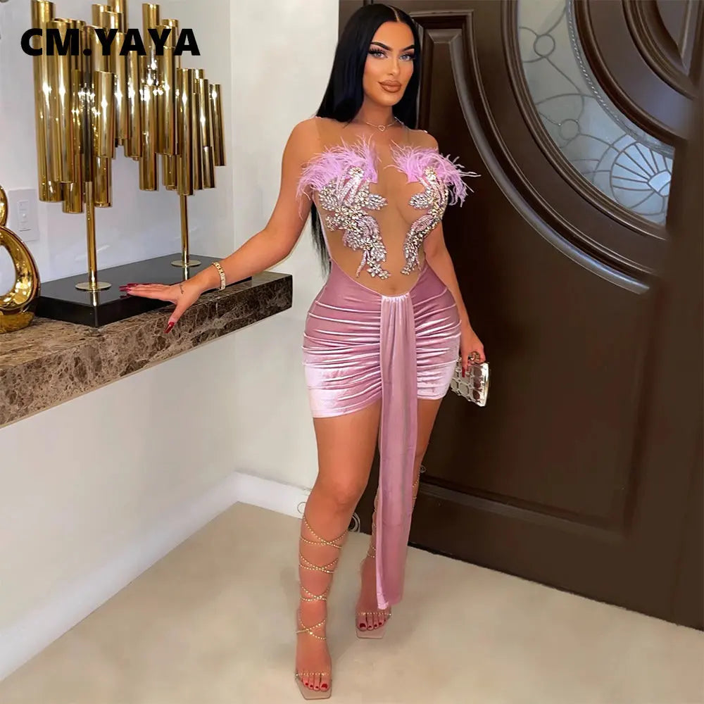 CM.YAYA Women Floral Embroidery Sleeveless Mesh Patchwork Tank Velvet Bodycon Midi Dress 2023 Vestido Sexy Party Evening Dresses