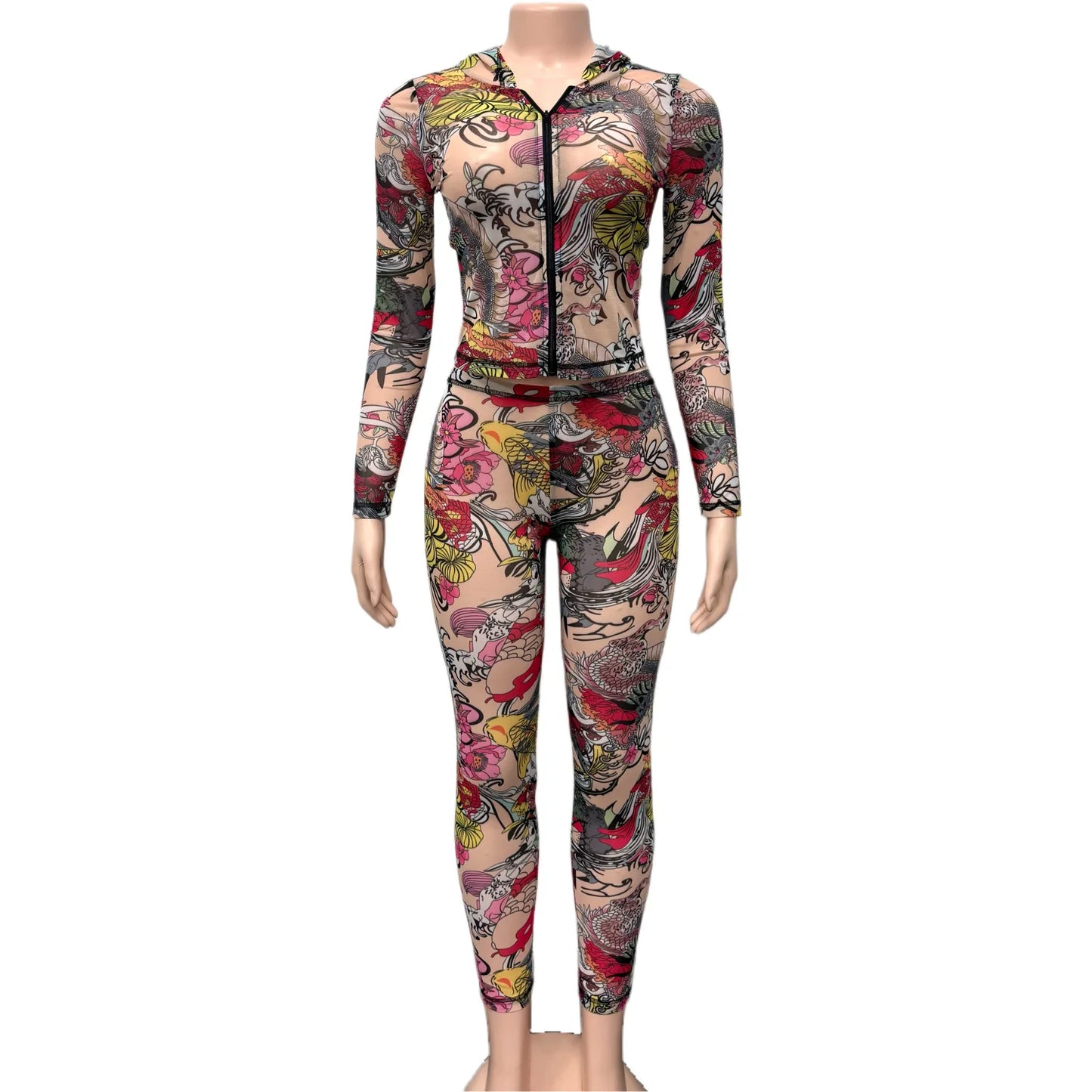 Women Two Pieces Pant Sets Casual Matching Sets Print Hooded Zipper Long Sleeve Top Elastic Waist Pant Street Wear 2025 Summer