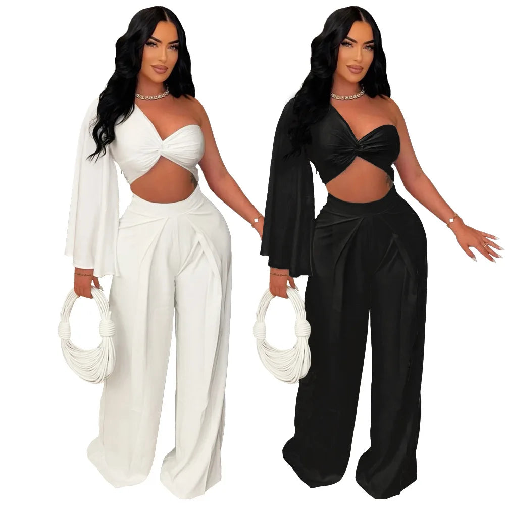 Women's Set Ruched One Shoulder Sleeve Crop Top and Wide Leg Pants Suits Street 2024 Two 2 Piece Set Outfit Tracksuit