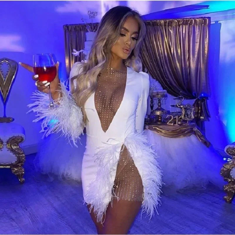 2022 Amazon Europe Winter Women's Dress Hot Sale Mesh Splicing Feather Decoration Slims Smooths Your Silhouette Dress