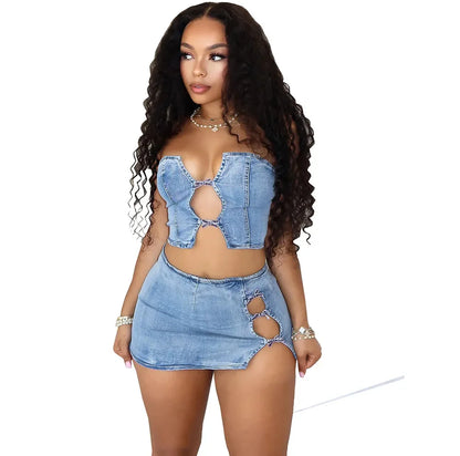 CM.YAYA Women Set Sleeveless Denim Strapless Tops and Mini Skirt Suits 2024 Sexy Hollow Out Beach Street Two 2 Piece Set Outfits
