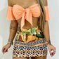 Fashion Women Two-Piece Set Beach Wear Knitted Off Shoulder Cropped Top Tropical Print Mini Bodycon Skirt Set