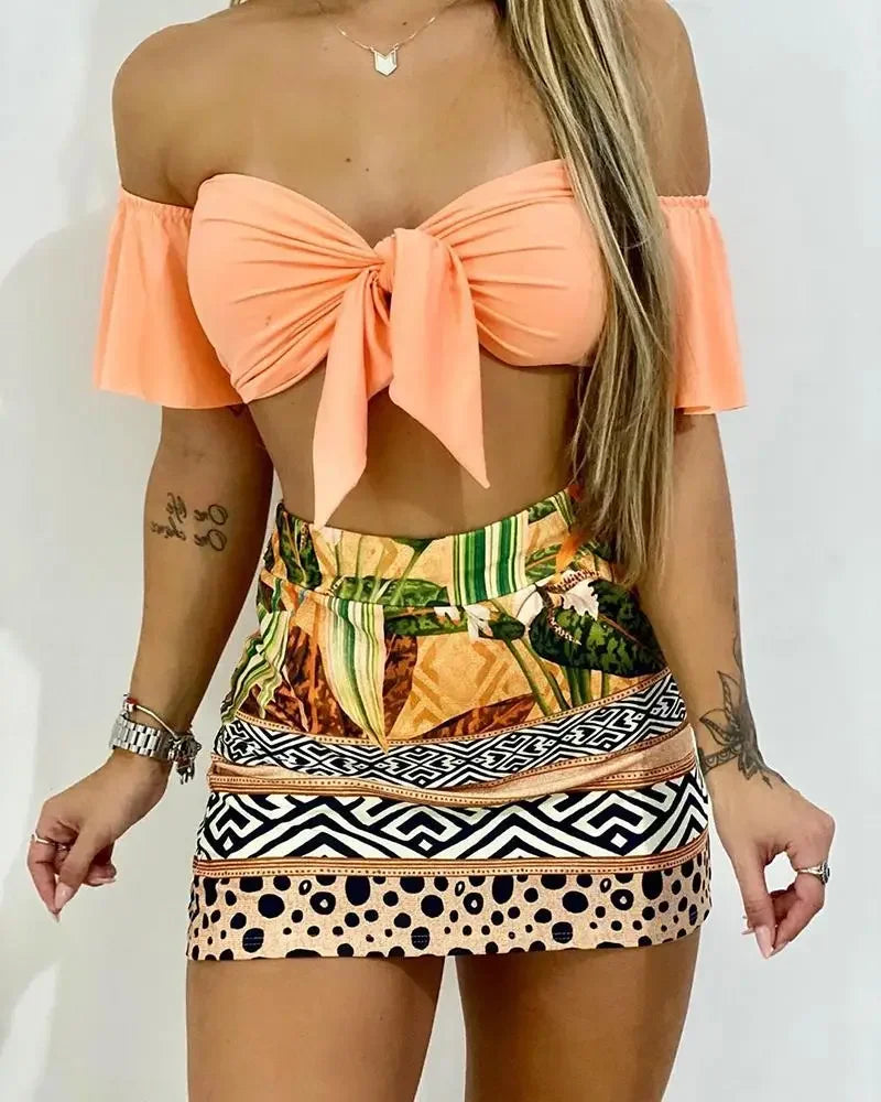Fashion Women Two-Piece Set Beach Wear Knitted Off Shoulder Cropped Top Tropical Print Mini Bodycon Skirt Set