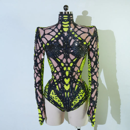 Sexy Stage Sparkly Rhinestones Bodysuit Green Dance Costume Party Bar Show Performance drag queen Outfit Cosplay Halloween pole