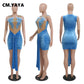 CM.YAYA Women Floral Embroidery Sleeveless Mesh Patchwork Tank Velvet Bodycon Midi Dress 2023 Vestido Sexy Party Evening Dresses