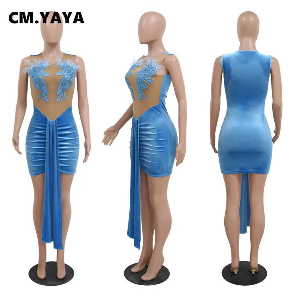 CM.YAYA Women Floral Embroidery Sleeveless Mesh Patchwork Tank Velvet Bodycon Midi Dress 2023 Vestido Sexy Party Evening Dresses