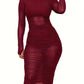 Women's 3 Piece Crop Top Shorts Sheer Mesh Overlay Ruched Midi Dress Set