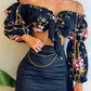Summer Sexy Skirts Two Piece Set Women Chic Slash Collar Lantern Sleeves Crop Top & Solid Pattern Shirring Bodycon Dress Sets