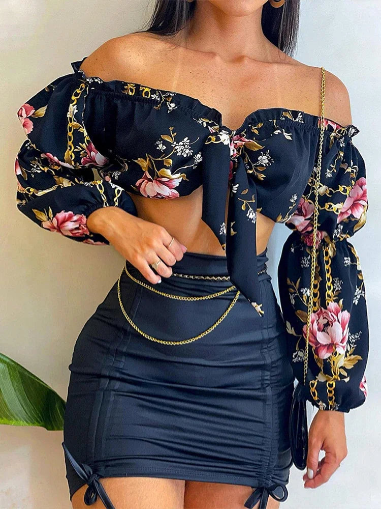 Summer Sexy Skirts Two Piece Set Women Chic Slash Collar Lantern Sleeves Crop Top & Solid Pattern Shirring Bodycon Dress Sets