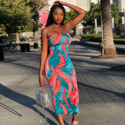 Spring And Summer Dresses For Women Chest Wrap Printed Off Shoulder Bandage Slim Sexy Long Dress New Fashion Party Long Sleeve