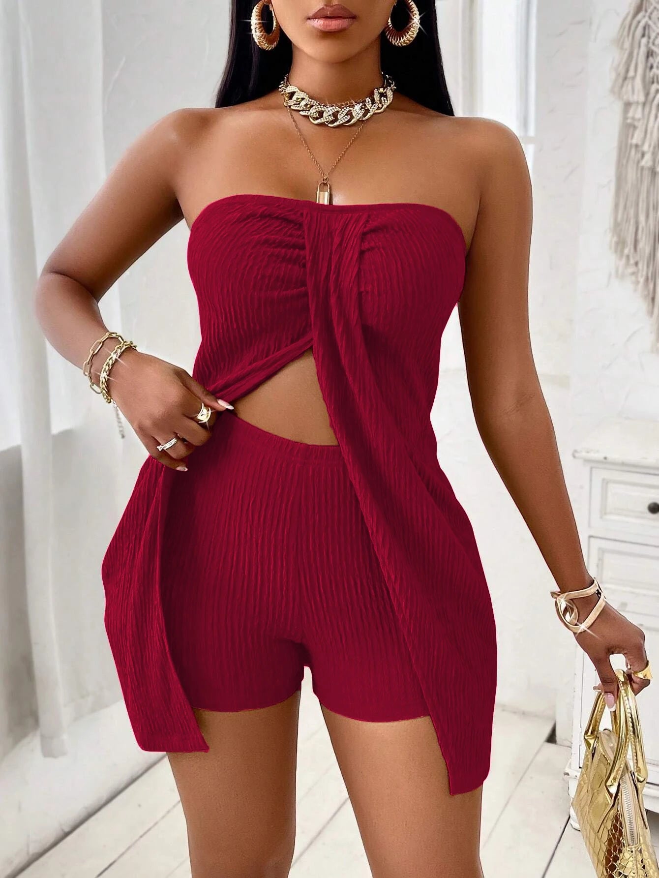 High-Rise Side Slit Shorts Co-Ord Set Adjustable Straps & Slimming Casual Style