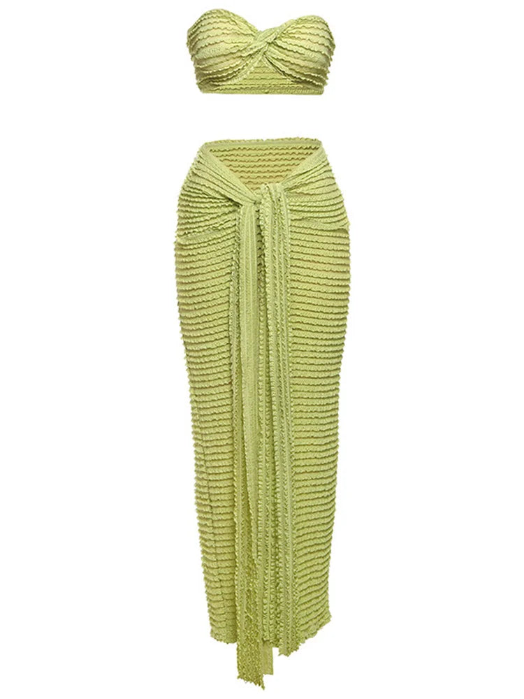 Nibber Elegant Stacked Folds Two Piece Set Women Solid Thin Strapless Chest Tops+Slim Skirts Female Streetwear Matching Suit