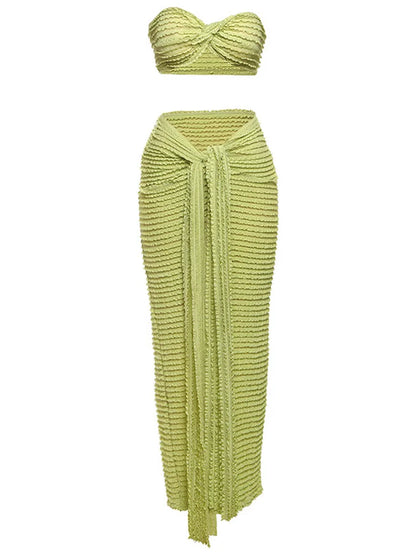 Nibber Elegant Stacked Folds Two Piece Set Women Solid Thin Strapless Chest Tops+Slim Skirts Female Streetwear Matching Suit