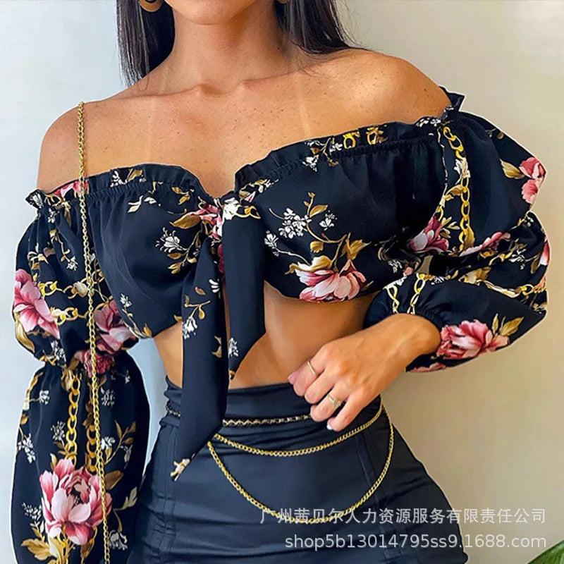 New Women's Clothing One-word Shoulder Strap Long-sleeved Top and Pleated Skirt Set for Women