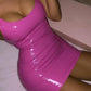 Womens Dresses 2025 Summer Nightclub Party Sexy Hot Girl Sleeveless Zipper PU High Elastic Round Neck Hip Wrap Mini Dress Y2K