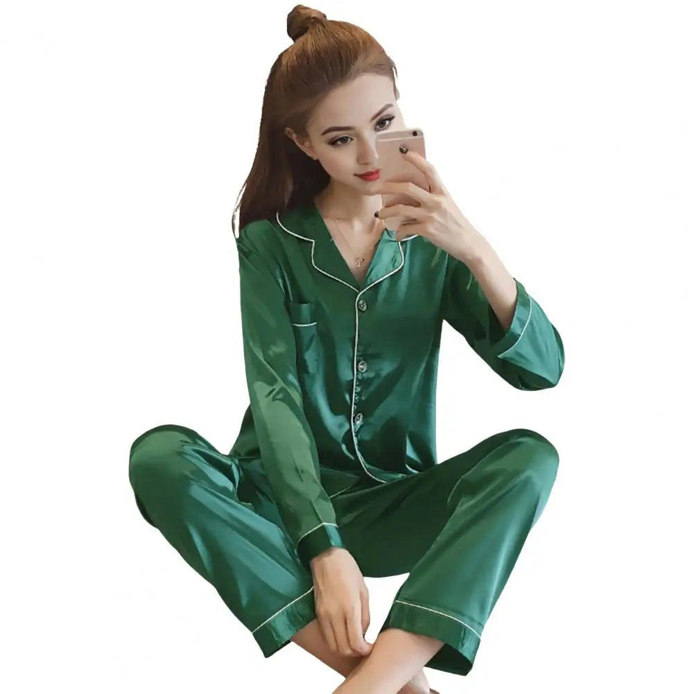 Women Two-piece Pajama Set Classic Design Sleepwear Elegant Women's Silk Pyjama Set with Long Sleeve Button Top Elastic for Home