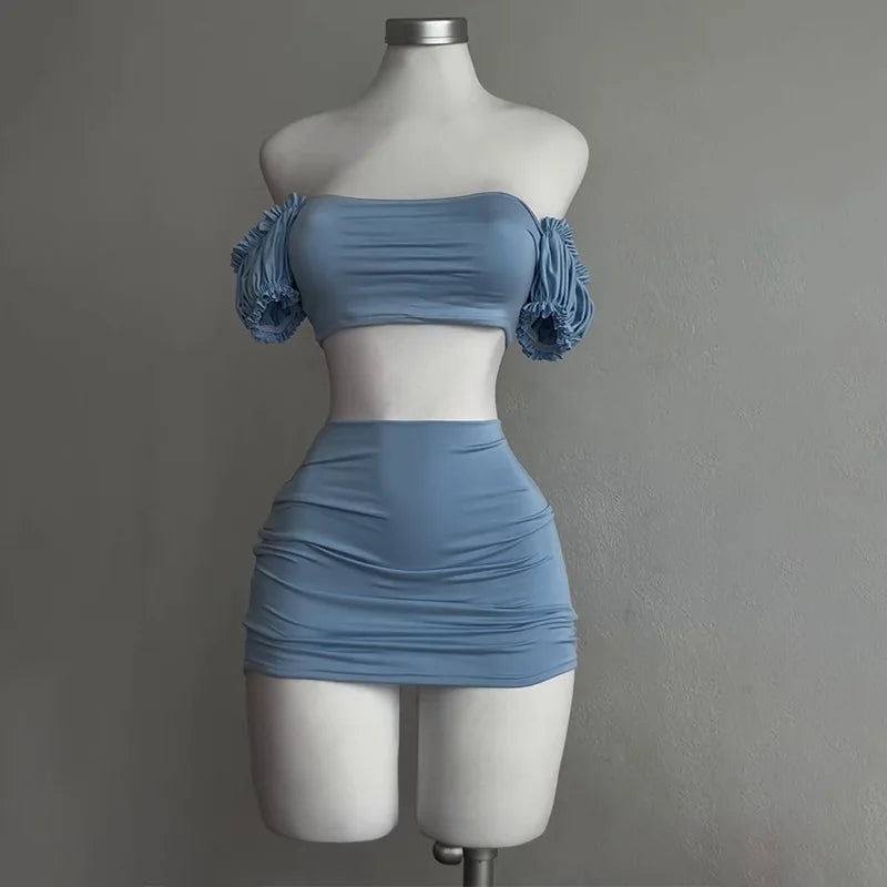 Sexy Puff Sleeve Strapless Crop Top High Waist Skirt 2 Piece Set Women Summer Lace Up Tube Slim Fit Suits Party Club Outfits