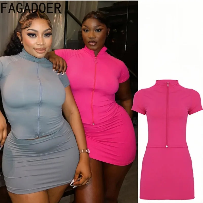 FAGADOER Casual Sporty 2 Piece Sets Woman Outfit Short Sleeve Zip Crop Tops and Mini Skirt Matching Jogger Female Tracksuits New