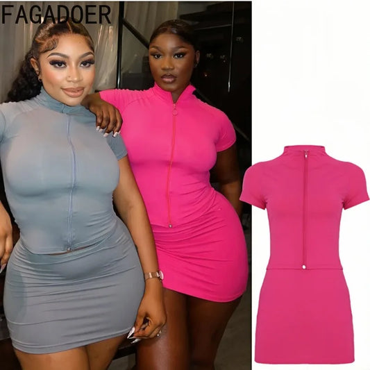FAGADOER Casual Sporty 2 Piece Sets Woman Outfit Short Sleeve Zip Crop Tops and Mini Skirt Matching Jogger Female Tracksuits New