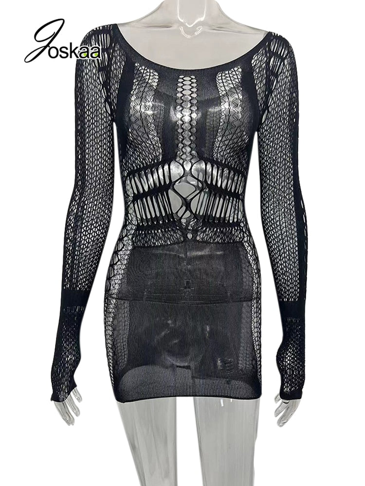 Hollow Out Summer Dresses Casual Women 2022 Fashion Beach Strench See Through Sexy Design Underwear Clubwear Dress
