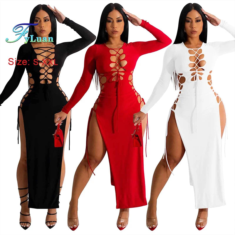 2025 Sexy Women Chest Hollow Out Bandage Long Sleeves Collect Waist Dress Two Side Split Ruffles Lace Up Decor One-Piece Clothes