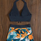 Fashion Printed Swimsuit Women Spliced Lace Up Sporty Surfing Bikini Set Bathing Suit Beachwear Swimwear Female Swimming Suits