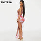 CM.YAYA Women Floral Leopsrd Printed Sleeveless High Side Split Long Maxi Dress 2025 Skew Collar Sexy Birthday Party Dresses