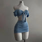 Sexy Puff Sleeve Strapless Crop Top High Waist Skirt 2 Piece Set Women Summer Lace Up Tube Slim Fit Suits Party Club Outfits