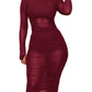Women's 3 Piece Crop Top Shorts Sheer Mesh Overlay Ruched Midi Dress Set