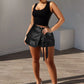 Womens Metallic Cargo Skorts Utility Asymmetrical Slit High Waist Faux Leather PU Shorts Stretchy Pockets Shiny Shorts Skirts