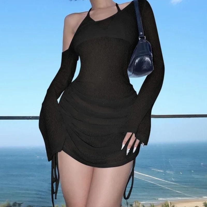 2025 Summer Women Dulzura Solid Skew Collar Ruched Straps Lace-Up See Through Draw String Mini Dress Party Clubwear Wholesale