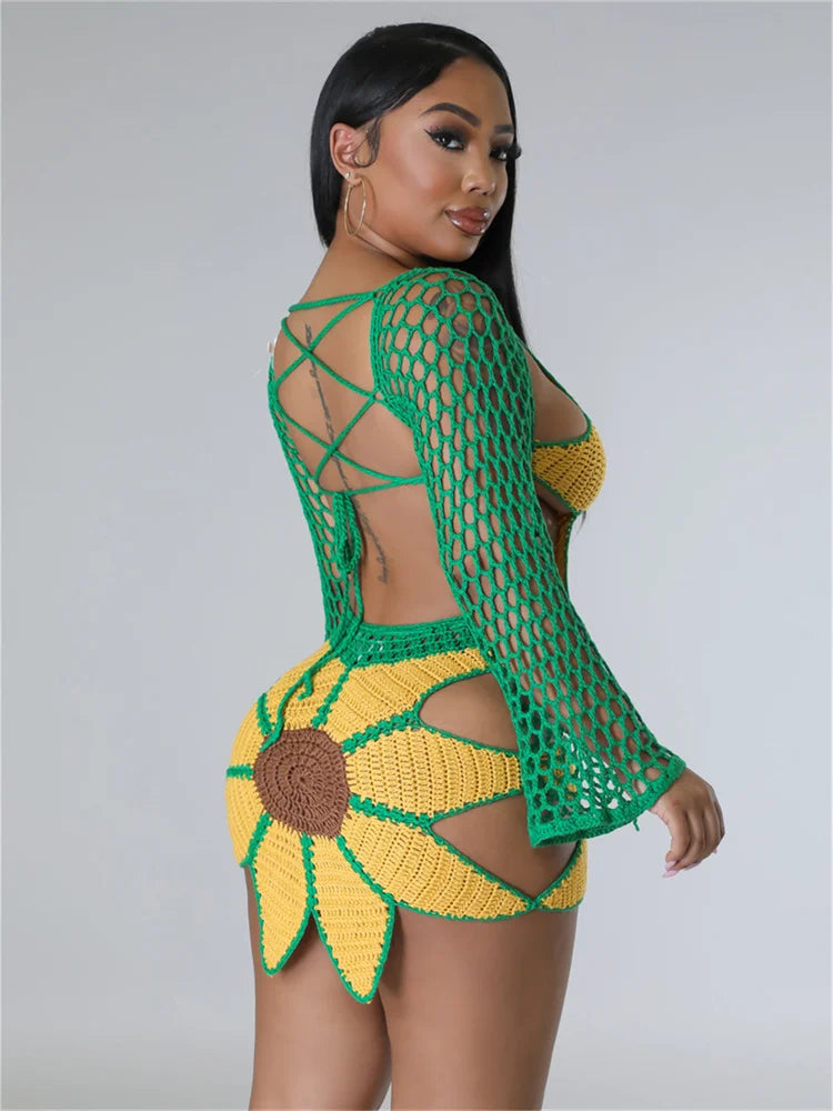 Weird Puss 2 Piece Sets Women Outfit Crochet Sunflower Backless Hollow Tops+Skinny Skirt Beach Party Summer Trend Matching Suits