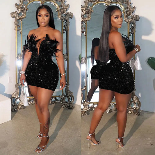 Woemn Dress Short Dresses Sexy Slim Fit Strapless Sleeveless Deep V Neck Sequin Feather Hip Wrap Elegant Splice Party Vestidos